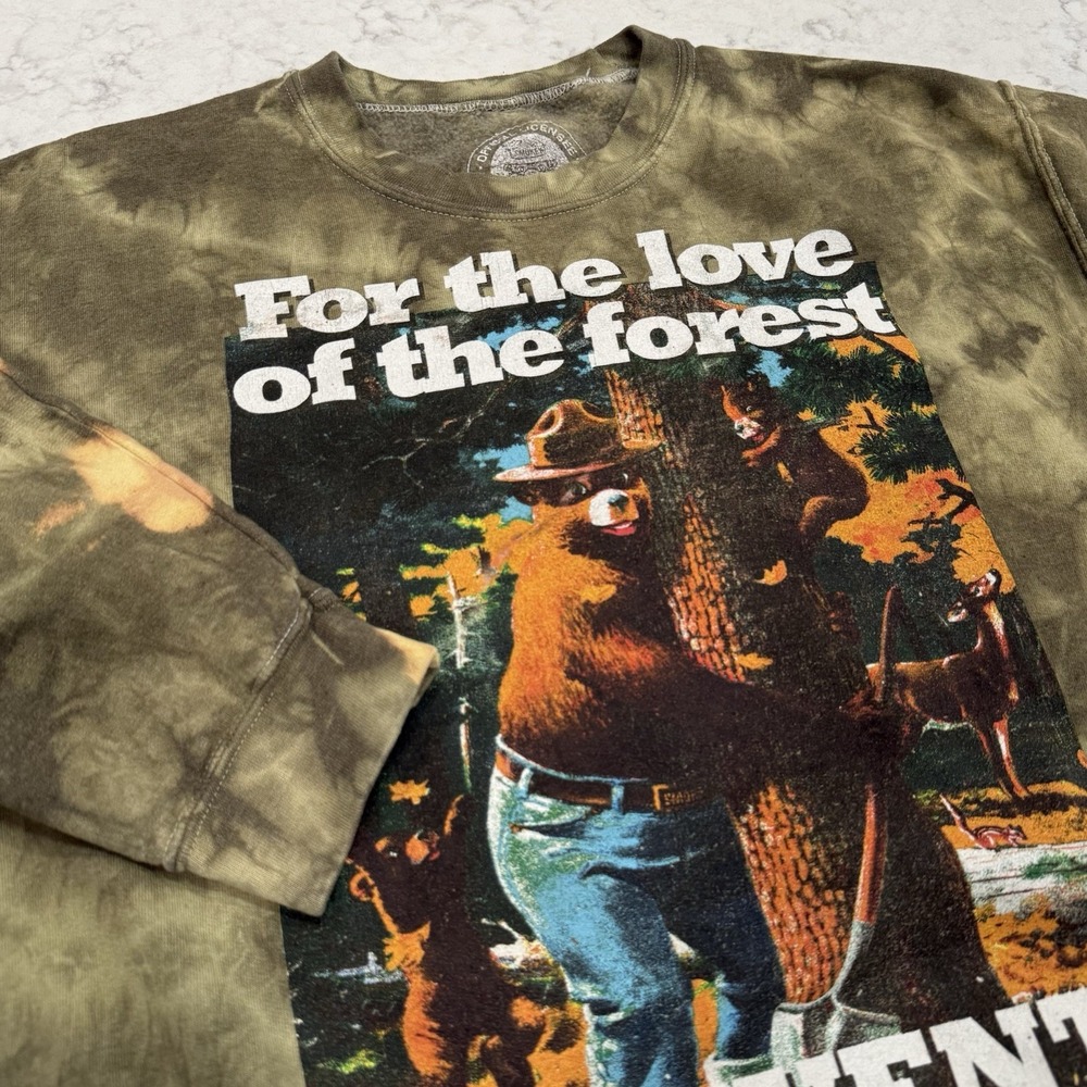 Smokey The Bear Camo Bleach Stain Sweatshirt "For The Love Of The Forest" Size M